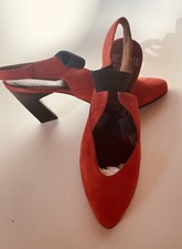 Luc Berjen Paris For Botticelli Red Suede Blk Elastic RibbonBand Sling Back Heel