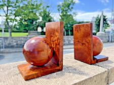 VINTAGE PAIR ART DECO STYLE BURR WALNUT SPHERE BALL ORB BOOKENDS LIBRARY STUDY