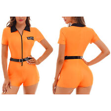 UK Women Halloween Prisoner Role Play Costume Short Sleeve Jumpsuit with Belt 