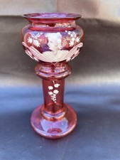 True Antique Cranberry Glass Vase By Mary Gregory With White Enamel Design
