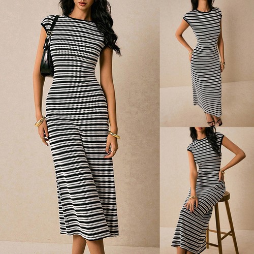 Women knit striped midi dress - midi,