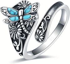 Turquoise Jewelry for Women - Boho Dragonfly Ring, Sterling Silver Turquoise Wra