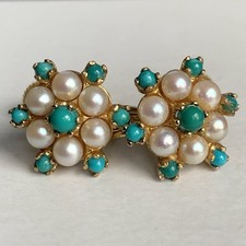 9ct Gold Turquoise Pearl Earrings Vintage Screw On Unpierced Ears 4.30g 14mm 375