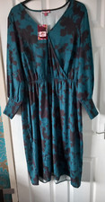 JOE BROWNS Teal Blue Black V Neck Long Sleeve Boho Dress Size UK 20 EUR 48 BNWT