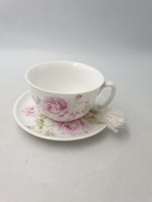 SHABBY CHIC SUMMER RIVER PORCELAIN TEACUP W/ TASSEL & SAUCER PINK &RED ROSES SET