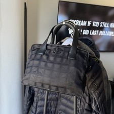 Chanel Vintage Travel Line Tote Handbag Black Nylon with Leather Handles