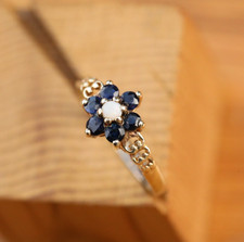 9ct Solid Yellow Gold Cluster Ring Opal and Sapphires Size G Vintage cleaned