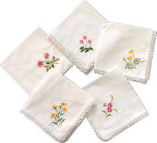 5 X 100% Cotton Ladies Handkerchiefs Vintage Floral Style Lace Edging, Wedding