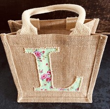 Small Hessian/Jute Shopping Bag. Personalised With Initial “L”. 8x8x6 Inches.