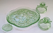 ANTIQUE SOWERBY BUTTERFLY GREEN GLASS DRESSING TABLE SET