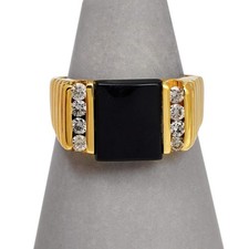 Pre-Owned 14ct Gold Mens Onyx & CZ Dress Ring Size X