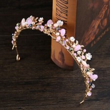  Vintage Crown Gold Effect Pink Crystal Bridal Tiara Princess Crown