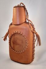Vintage Hunter Hip Flask Glass Water Tan Leather Cup Stitched Cowboy Buffalo