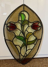 Antique Leaded Stained Glass Window Panel Art Nouveau Floral Design 72x47cm