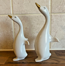 Hollohaza Duck Bird Figurines x2 White With Hand Painted Gold Beak & Eyes