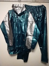 Green and silver PVC hooded jacket and green pants repaired elmonde
