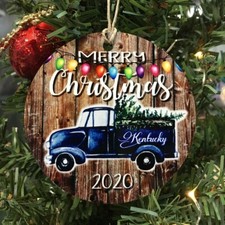 Photo Ornament Christmas Blue Truck Kentucky Custom Personalized 3.5 Round Metal