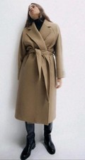 Zara Woman Wool Blend Camel Beige Belted Longline Coat Size Small S 9147/298