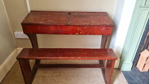 Wooden school desk with - wooden, bench
