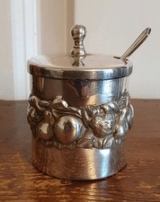 Antique Jam Marmalade Preserve Fruit Decor Pot Silver Plated & Glass with Spoon