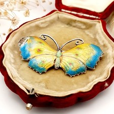 Antique Guilloche Enamel Sterling Silver Butterfly Brooch: Blue Yellow