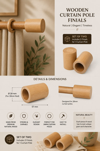 Wooden curtain pole - curtain, finials