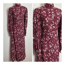 Vintage Early 70s Dark Pink Floral Brushed Cotton Prairie Maxi Dress Size 10