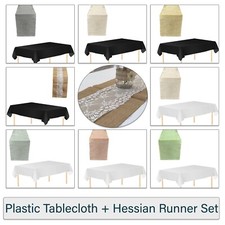 Rustic Hessian Table Runner with Rectangle Plastic Tablecloth Set Wedding Party