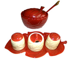 Vintage Retro Carlton Ware Lot Leaf Cruet Set Salt Pepper Tray & Jam / Sugar Pot