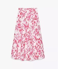 Zara Midi Floral Print Darted Skirt Pink White XL 5029/087 100% Cotton NEW