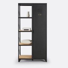 Hiba 1-Door Steel & Oiled Pine Wardrobe & Shelving Unit