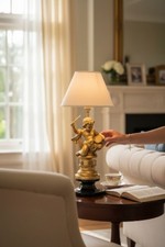 Vtg Antique Neo Classical Marble Cherub Child Drum French TableLamp Candlestick 