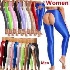 Women's and Men High Waist Open Glossy Slim Fit Tights Dance Pants Underwear