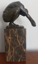 ART DECO SOLID BRONZE SIGNED 'MILO' MALE NUDE THE DIVER ON A  MARBLE BASE