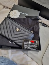 Chanel Black Chevron Caviar Leather Zip Card Holder, Box and Authenticity Card