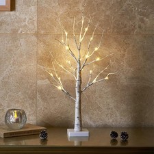 White Christmas Tree with Lights Mini Birch Twig Tree Ornament with 24 Warm W...
