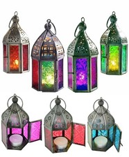 Indian Tonal Glass Mini Iron Lantern Moroccan Tea Light Holder Garden Home Decor