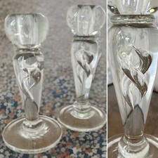 RARE ANTIQUE C1820 PAIR HEAVY GEORGIAN AIR TWIST FLINT ART GLASS CANDLESTICKS 8”