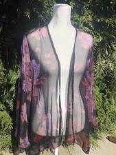 Stunning Vintage Joanie Char Small 100% Silk Shrug Cardigan Black/Floral