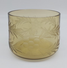 Smoked Blown Glass Bowl Vase With Etched Flower Pattern 8cm Height Vintage