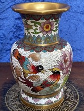 Chinese Cloisonné, Hand Painted Enamel on Brass 'Exotic Birds' 6'' Vase (Signed)