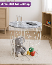 Modern Round Storage Basket Table Wire Frame with Marble Top Side Coffee Table