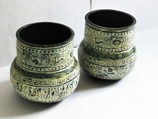 Pair of Ancient Greek Style Terracotta Green White Planters Pots Mythology Scene