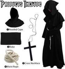 NEW - Mens Black Monk Costume, Hooded Robe Outfit - Adult Male Size XXL