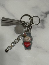 Labubu Checkmate Gray Standing Mini Figure Bag Charm Keychain W/Beads & Tassel