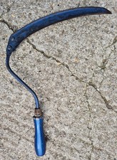Vintage Hand Scythe Sickle Garden Tool Wooden Handle Blue