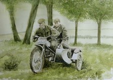 Ron Langston Classic Ariel Sidecar Trials watercolour print by Andy Crabb #041