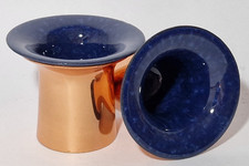 PAIR OF MID CENTURY COPPER & BLUE ENAMEL CANDLE HOLDERS CANDLESTICKS