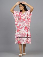 Womens V Neck Cotton Pink Kaftan Midi Dress Summer Casual Short Sleeve Sundress