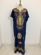 Vintage 1980s Egyptian kaftan smock block printed tunic dress bead sequin #V2